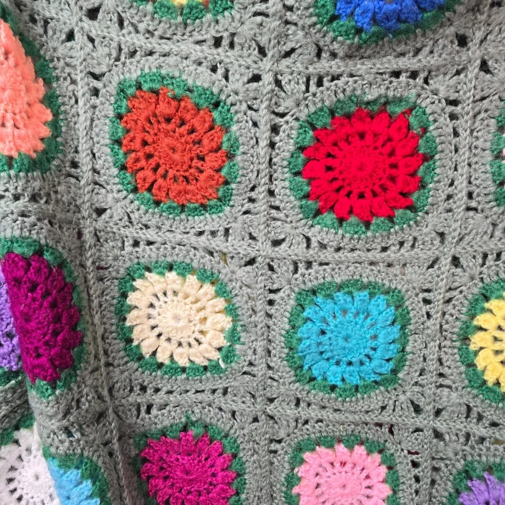 Vintage 1970s Handmade Crochet Granny Square Afghan Green Fringe Super Soft Boho